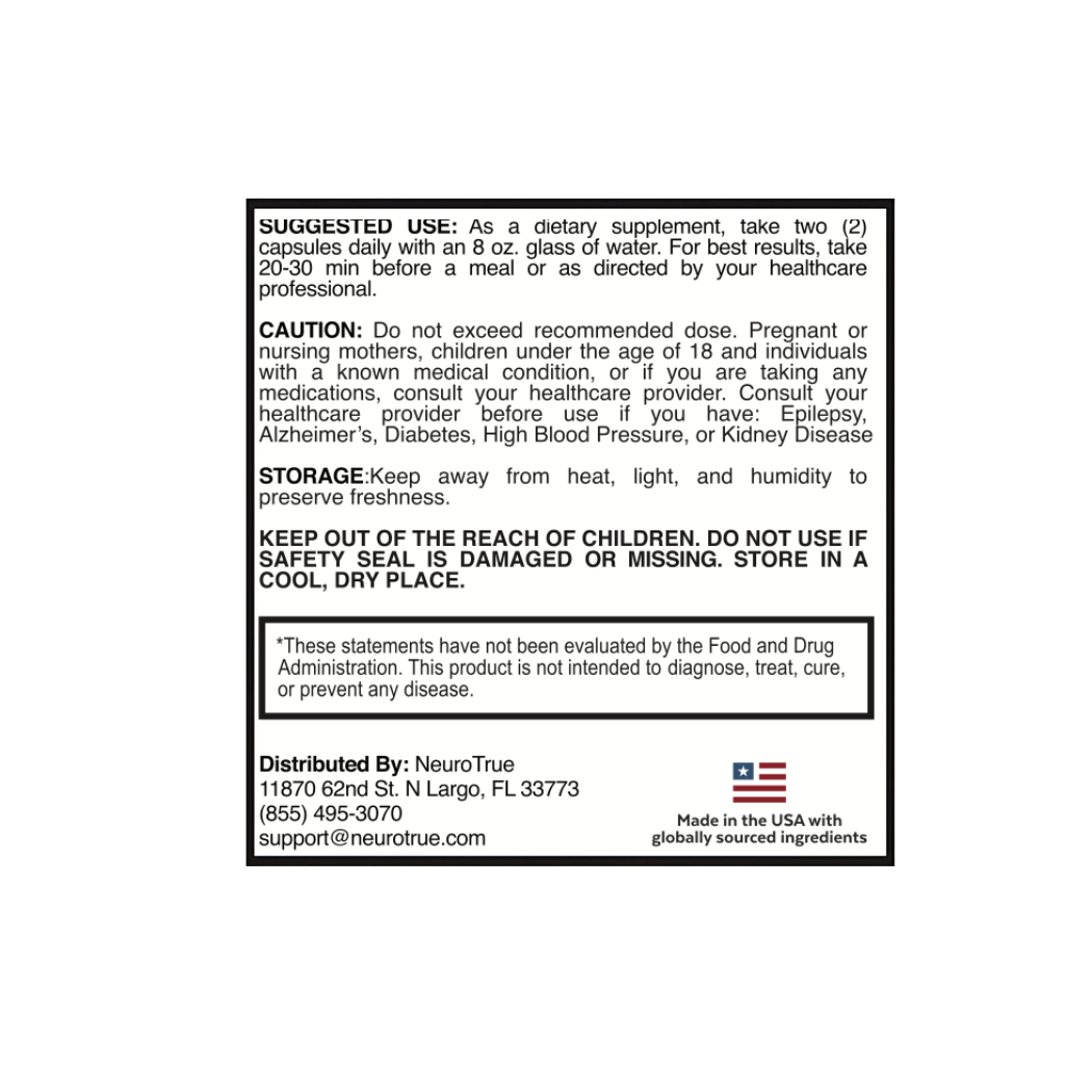 NeuroTrue Nootropic Health+ Natural Brain Support & Cognitive Clarity Supplement Healthcare Fitness Dietary Edible with Magnesium